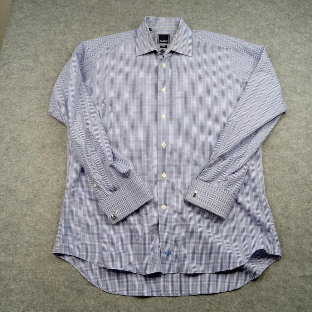 David Donahue Shirt Mens 17 34/35 Blue‎ Purple Check Trim Fit Dress Button Front